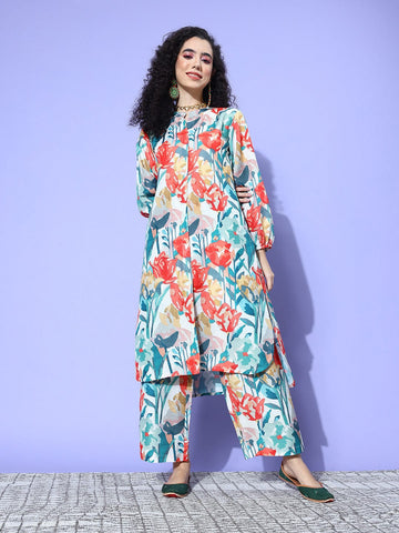 Cream Floral Printed High Low Straight Kurta Paired With Tonal Bottom